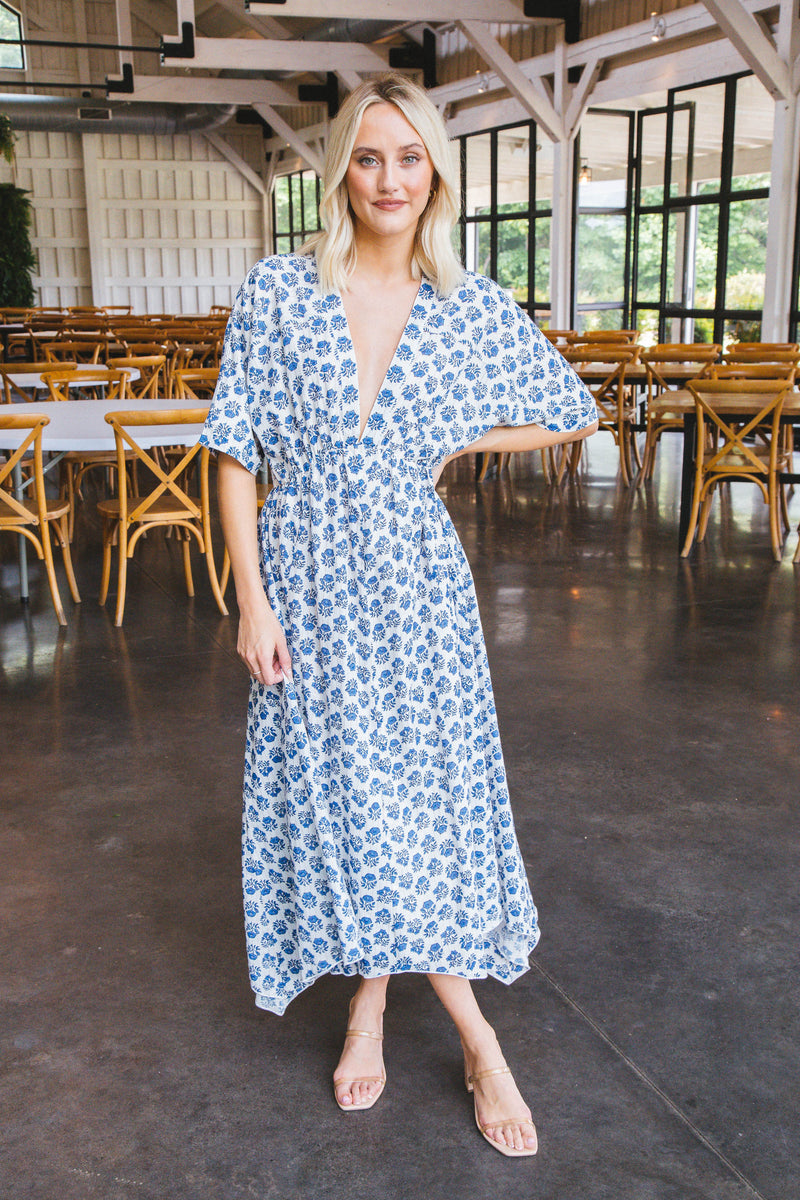 Norah V-Neck Lurex Maxi Dress, Blue Print