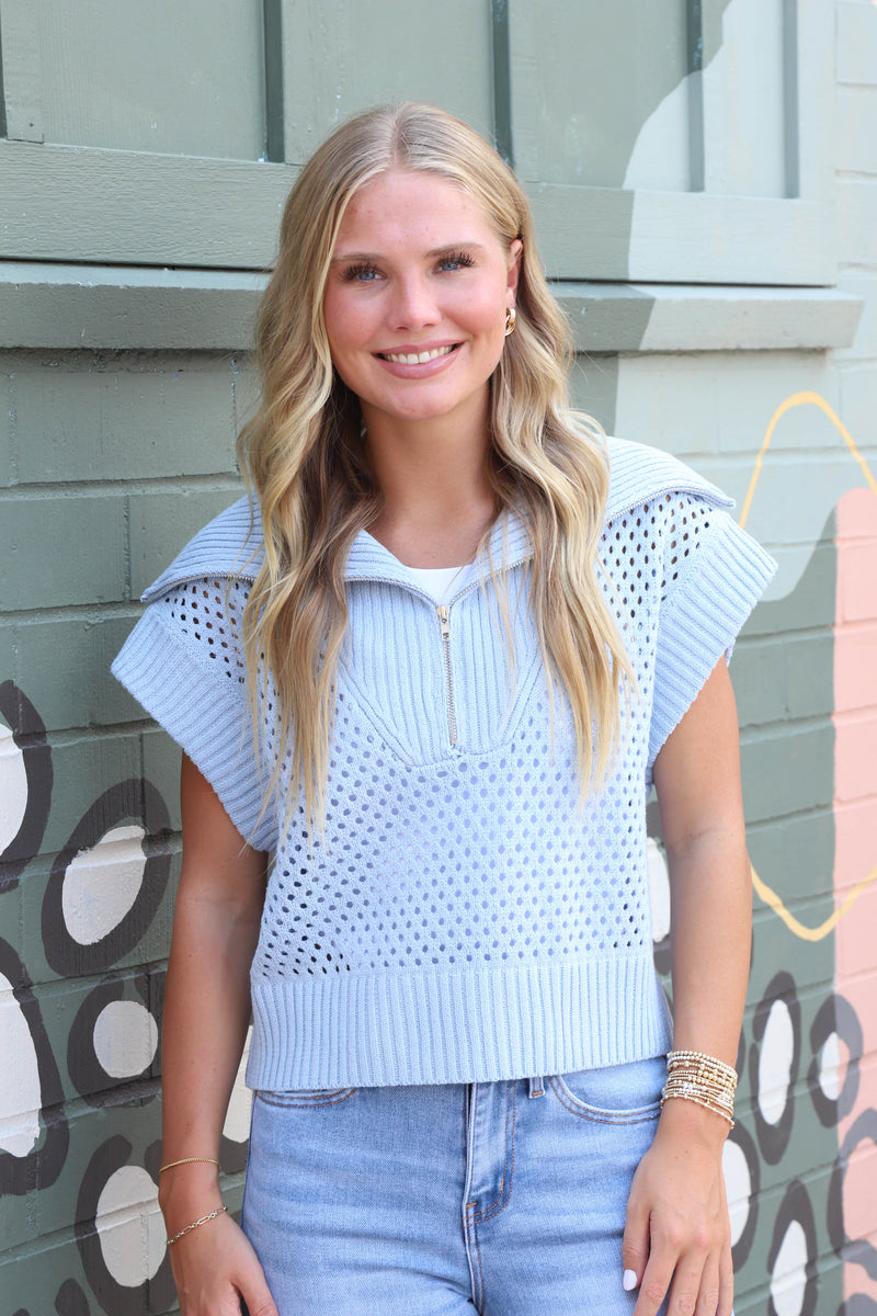 Lila Collared Half Zip Sweater Vest, Light Blue