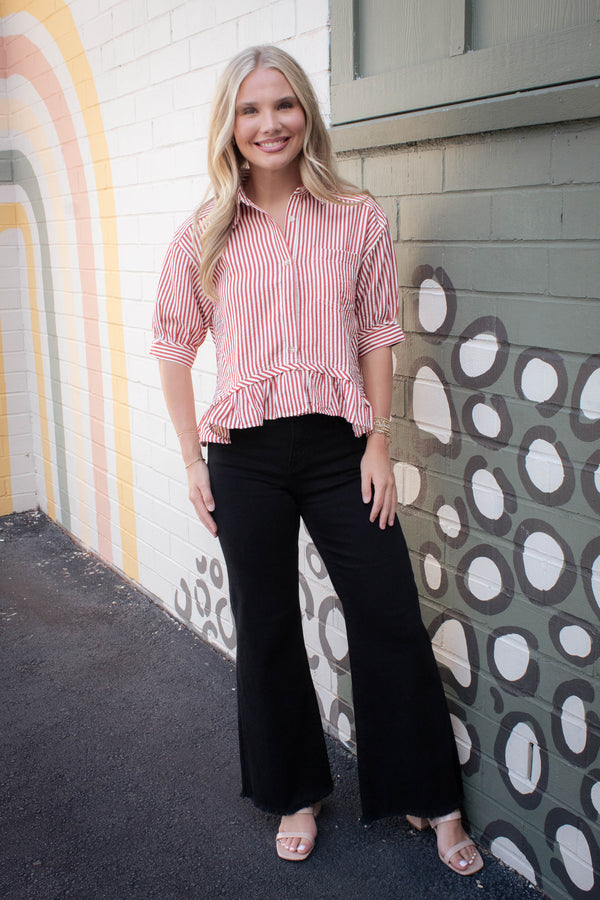 Indie Striped Ruffle Hem Button Up Top, Brick