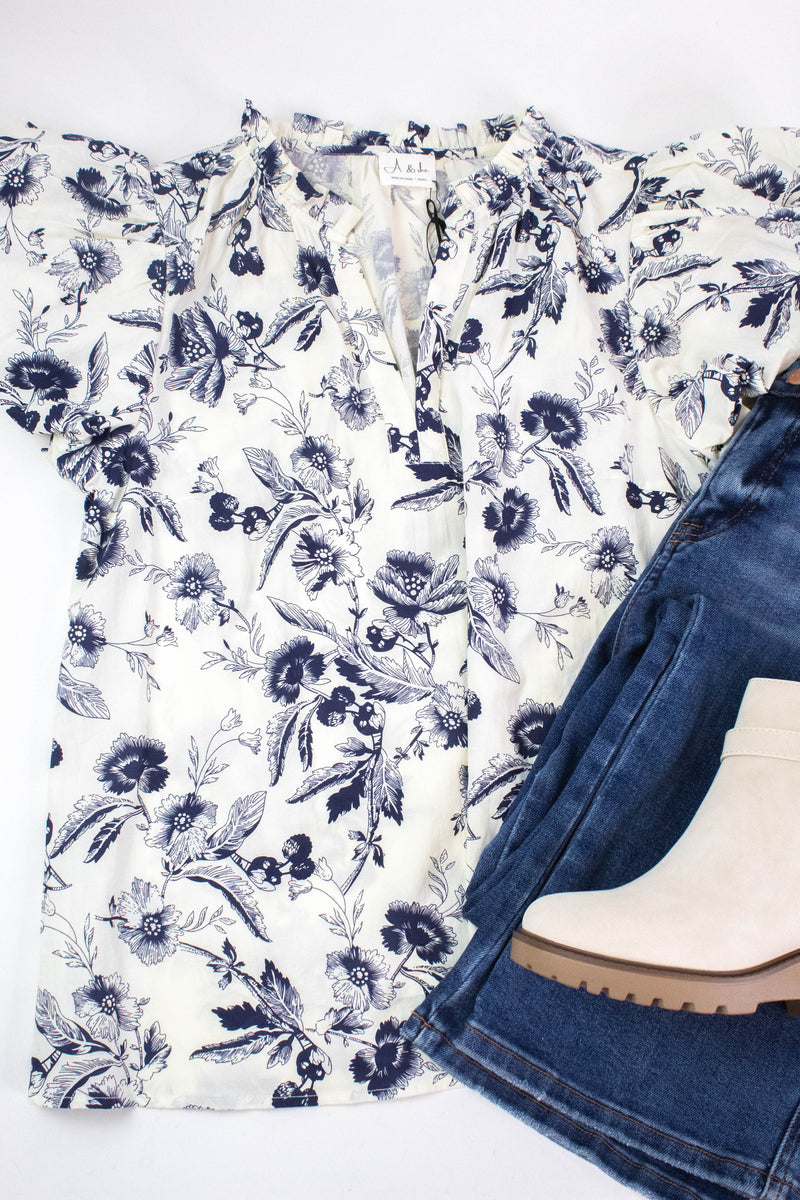 Alice Floral Split Neck Top, Ivory