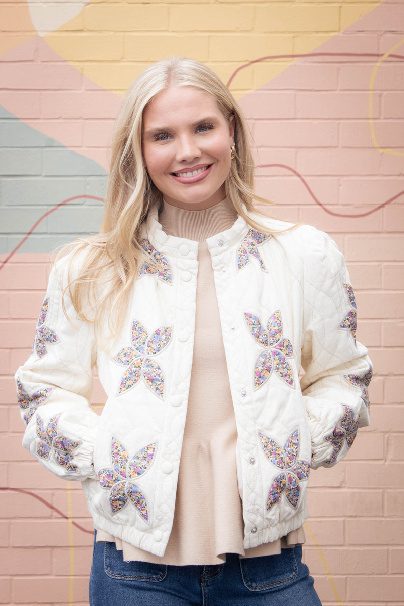 Enid Floral Applique Quilted Jacket, Cream