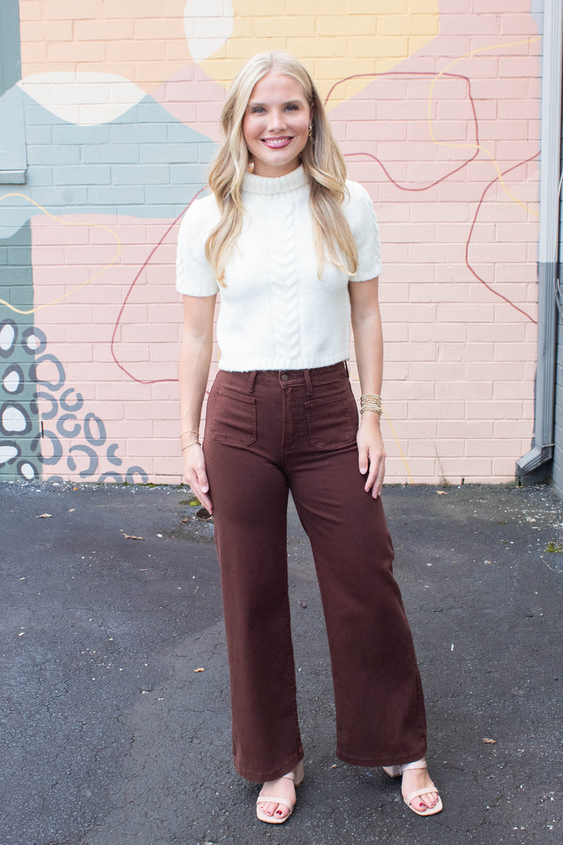 Leah Patch Pocket Wide Leg Jeans, Dark Brown