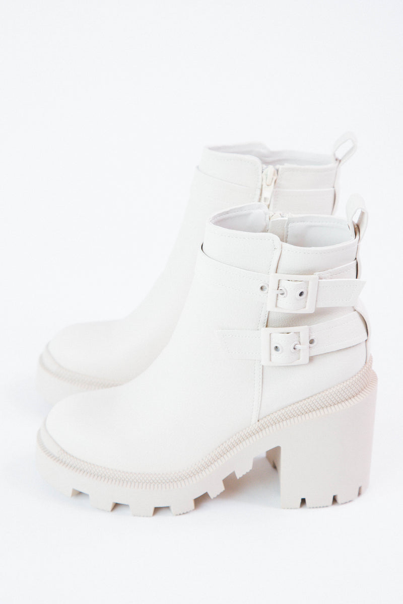 Maze Buckle Strap Chunky Bootie, Ivory Pebble