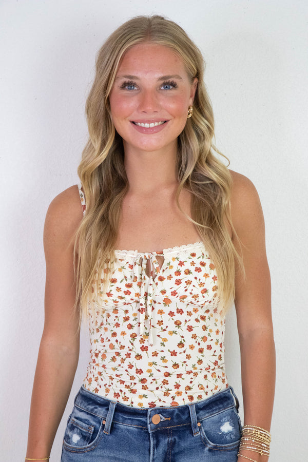 Emily Floral Front Tie Cutout Cami, Cream Multi