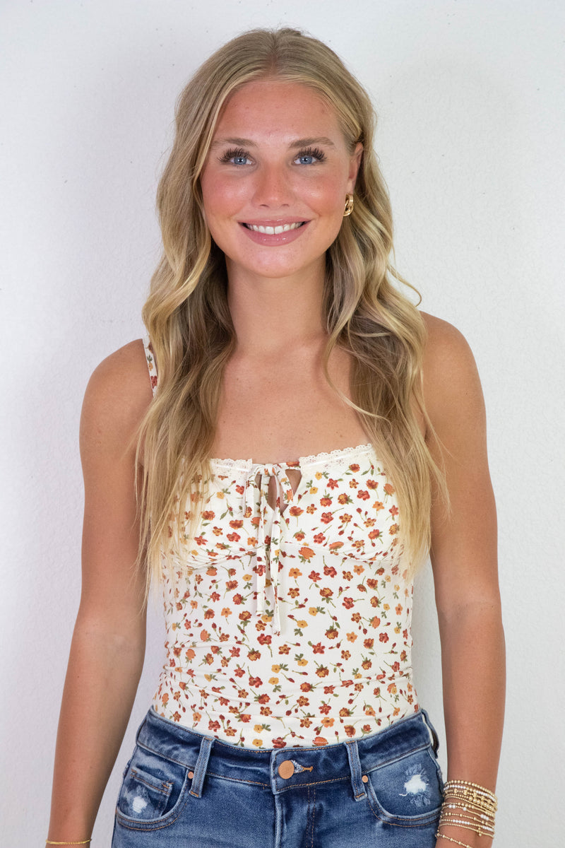 Emily Floral Front Tie Cutout Cami, Cream Multi