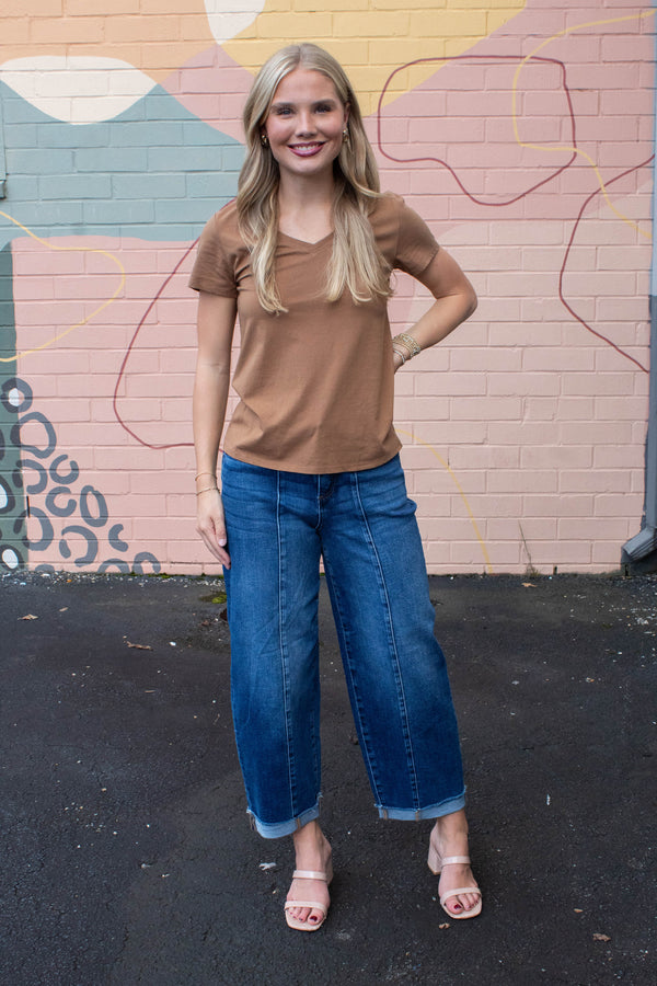 Tatum Cotton Jersey V-Neck Tee, Bronze Brown