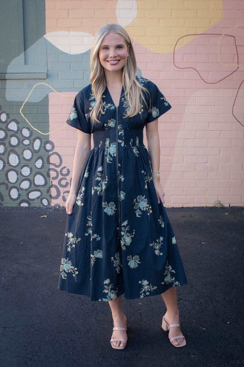 Ella Printed Zip Up Midi Dress, Black