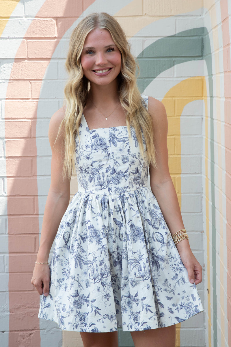 Skye Floral Corset Mini Dress, Blue Grey