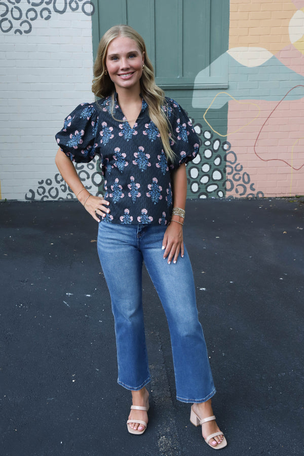 Madison Block Floral Print Top, Black