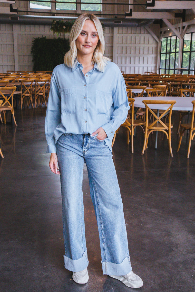 Reese Oversized Button Down Shirt, Chambray