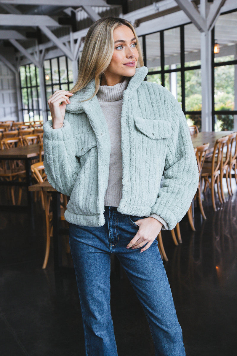 Teddy Snap Button Down Jacket, Sage