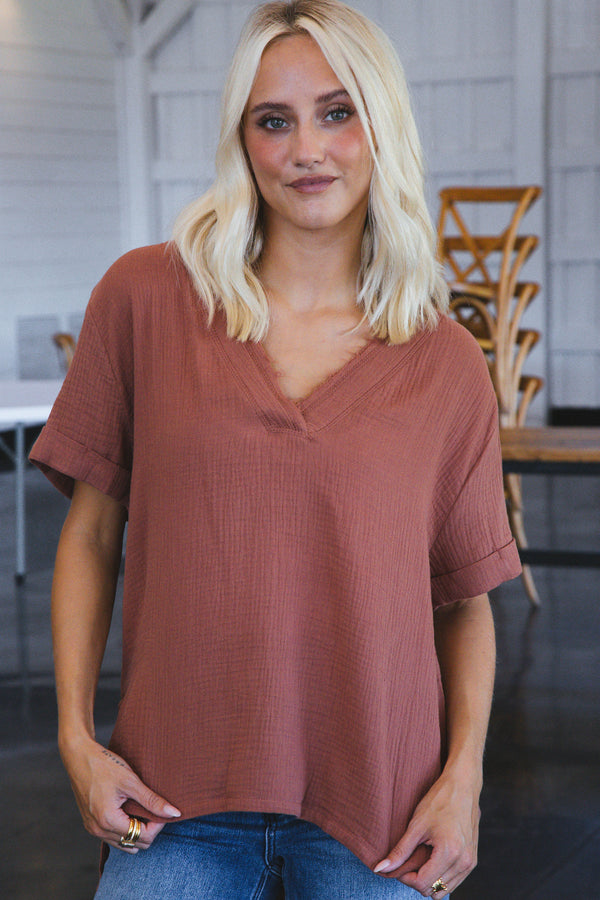 Cutie Cotton Gauze V-Neck Top, Terracotta