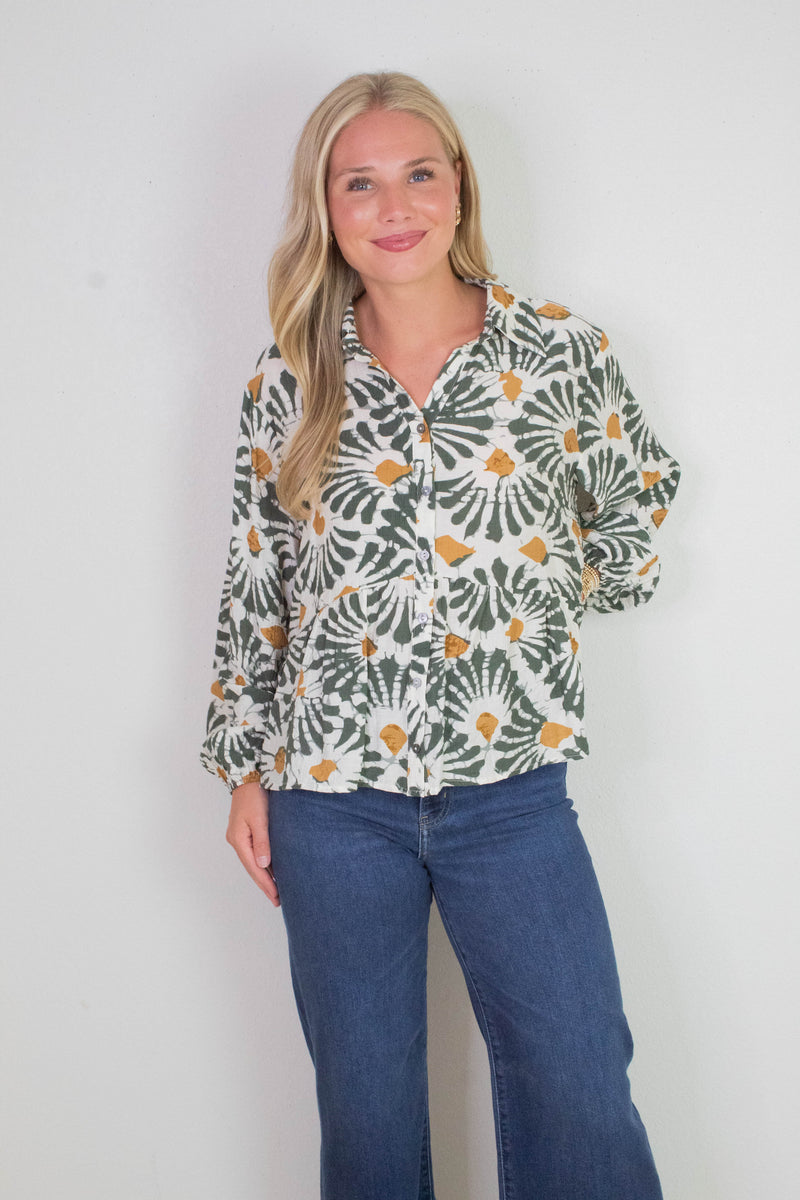 Katherine Printed Button Down Top, Olive