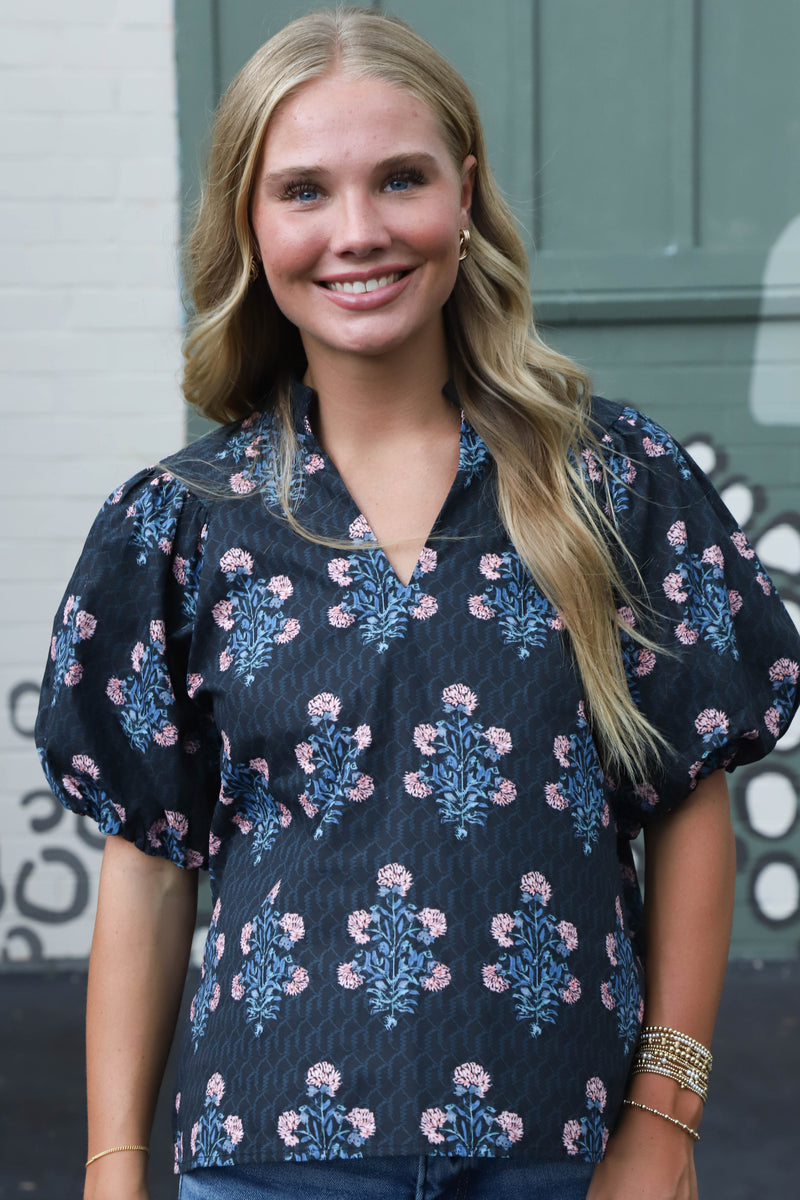 Madison Block Floral Print Top, Black