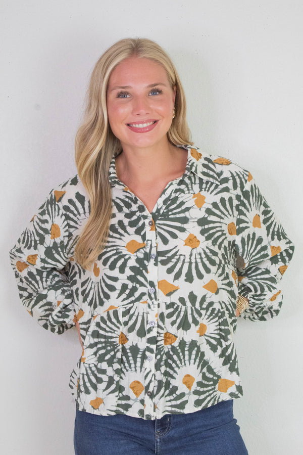 Katherine Printed Button Down Top, Olive