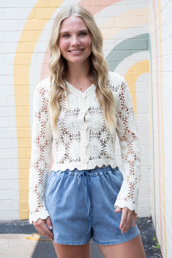 Mona Floral Crochet Cardigan, Natural