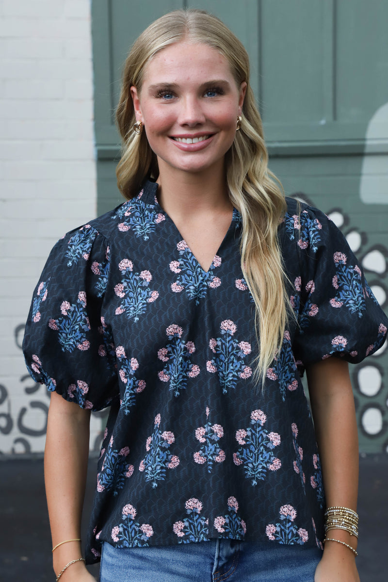 Madison Block Floral Print Top, Black