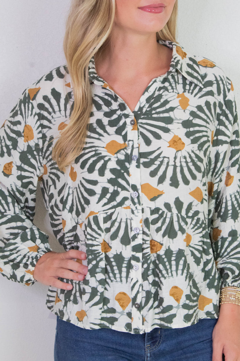 Katherine Printed Button Down Top, Olive