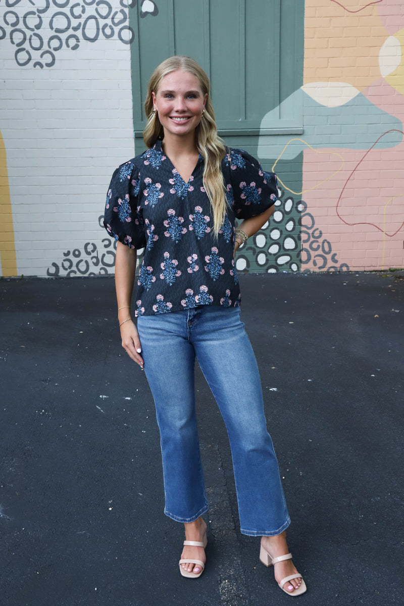 Madison Block Floral Print Top, Black