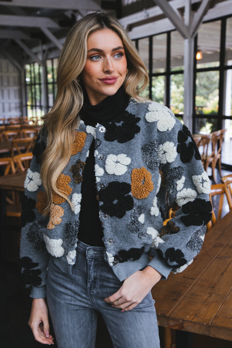 Frozen Flower Sherpa Jacket, Grey