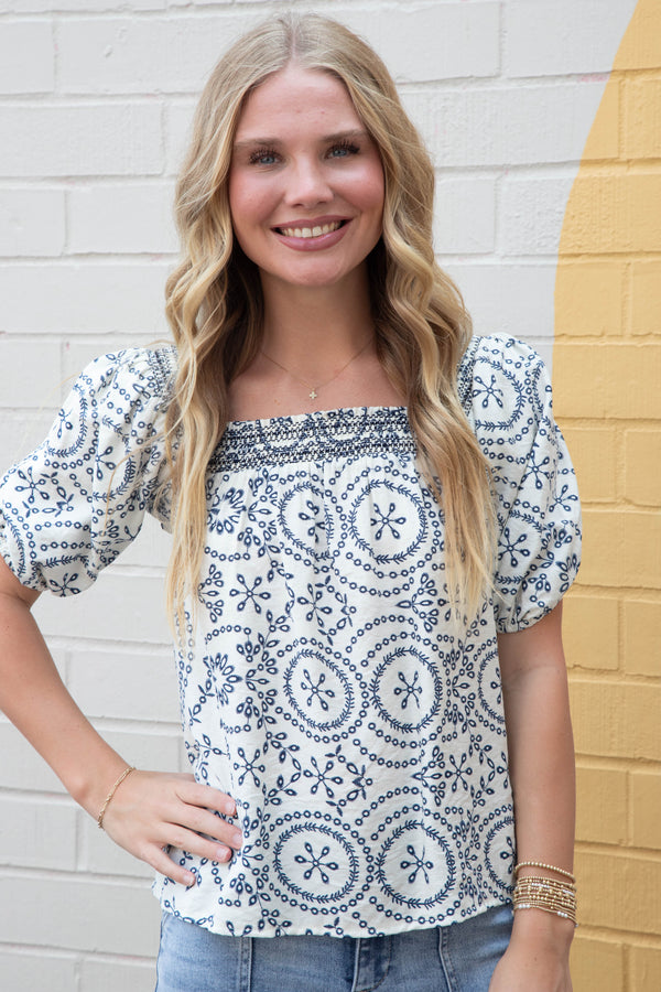 Sierra Smocked Square Neck Top, Off White