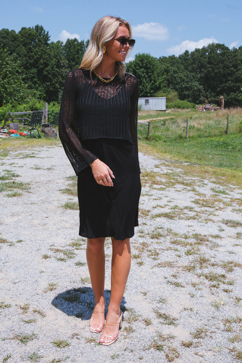 Kamryn Knee Length Slip Dress, Black