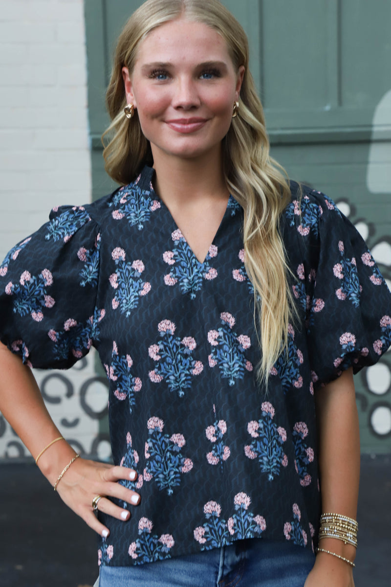 Madison Block Floral Print Top, Black