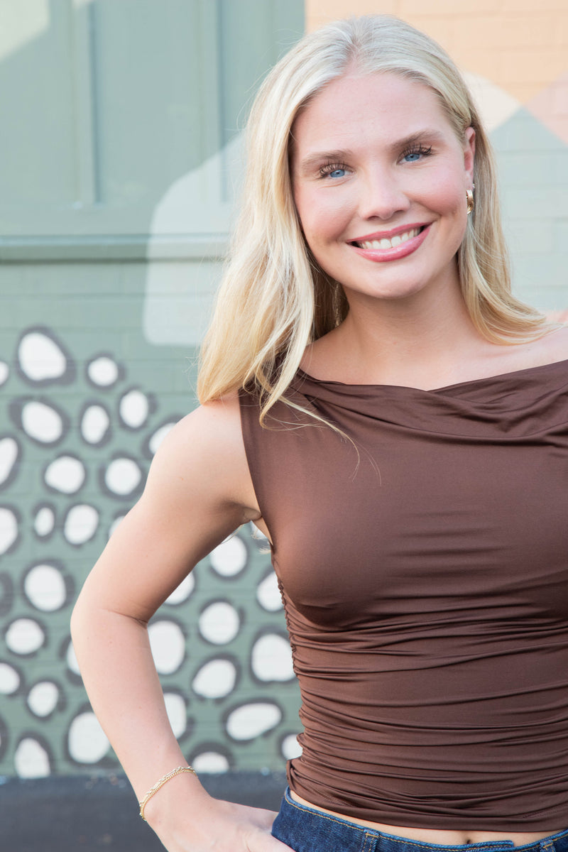 Delia Asymmetrical Off Shoulder Top, Chocolate