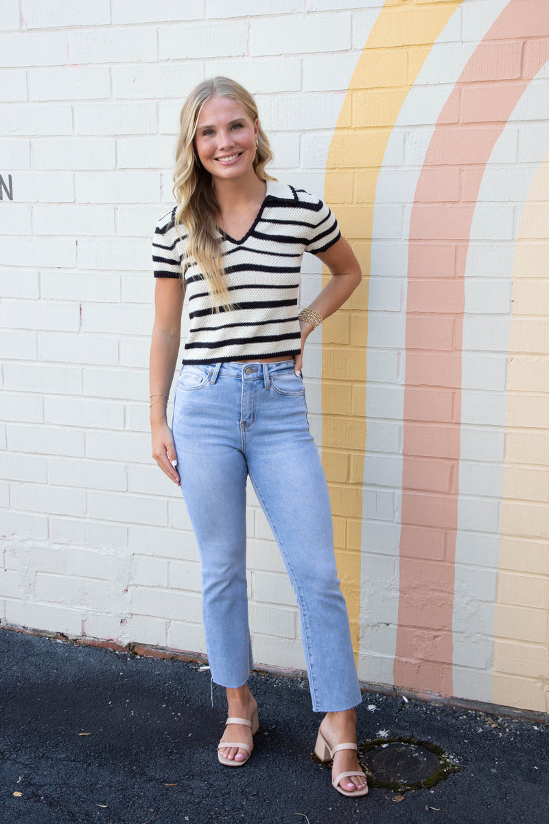 Brayden Collared Striped Sweater, Black Multi | Steve Madden