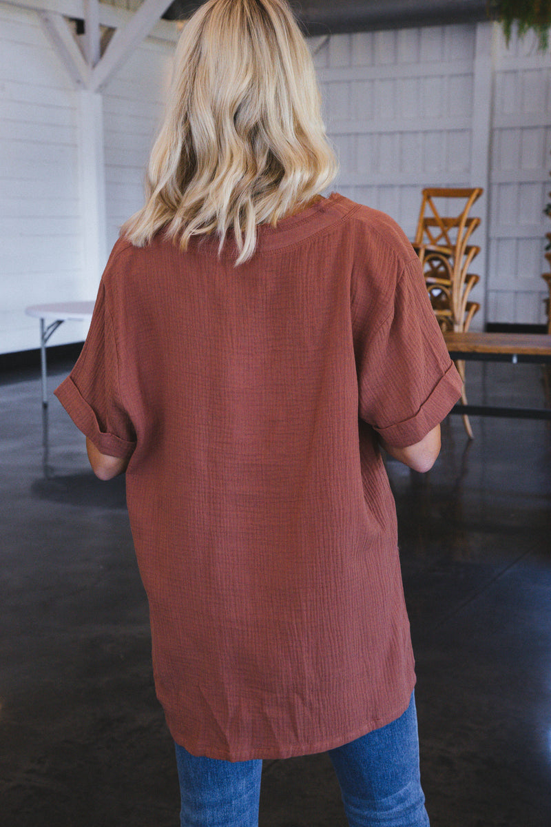 Cutie Cotton Gauze V-Neck Top, Terracotta
