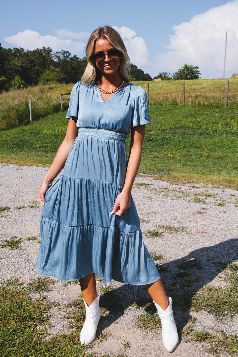 High Tide Tiered Midi Dress, Light Teal