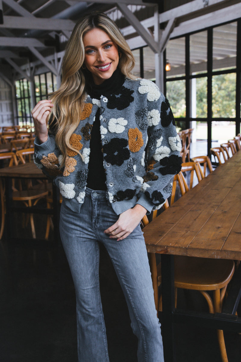 Frozen Flower Sherpa Jacket, Grey