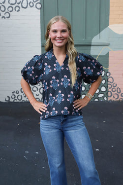 Madison Block Floral Print Top, Black