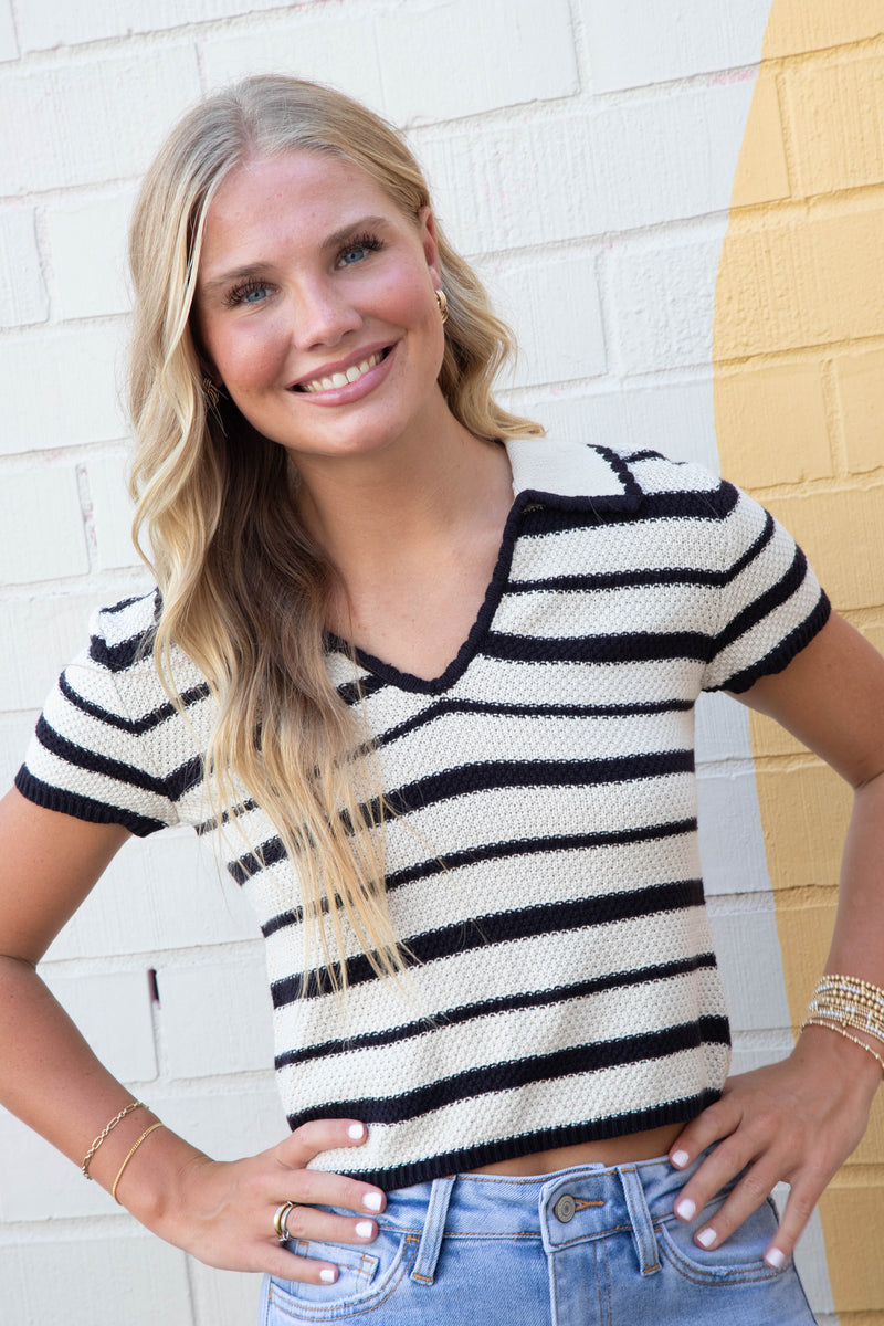 Brayden Collared Striped Sweater, Black Multi | Steve Madden
