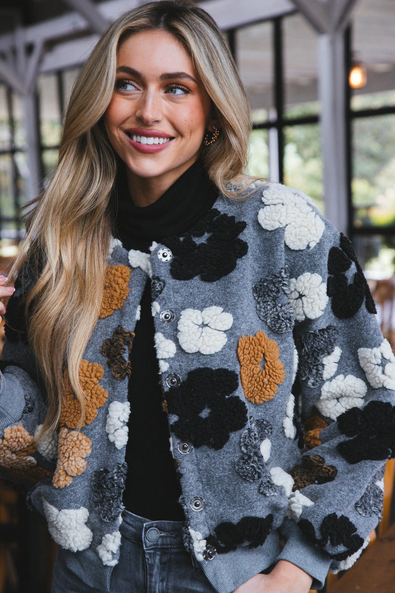 Frozen Flower Sherpa Jacket, Grey