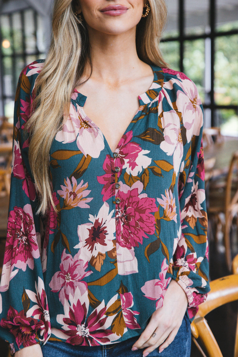 Whitley Long Sleeve Floral Button Neck Top, Hunter Green