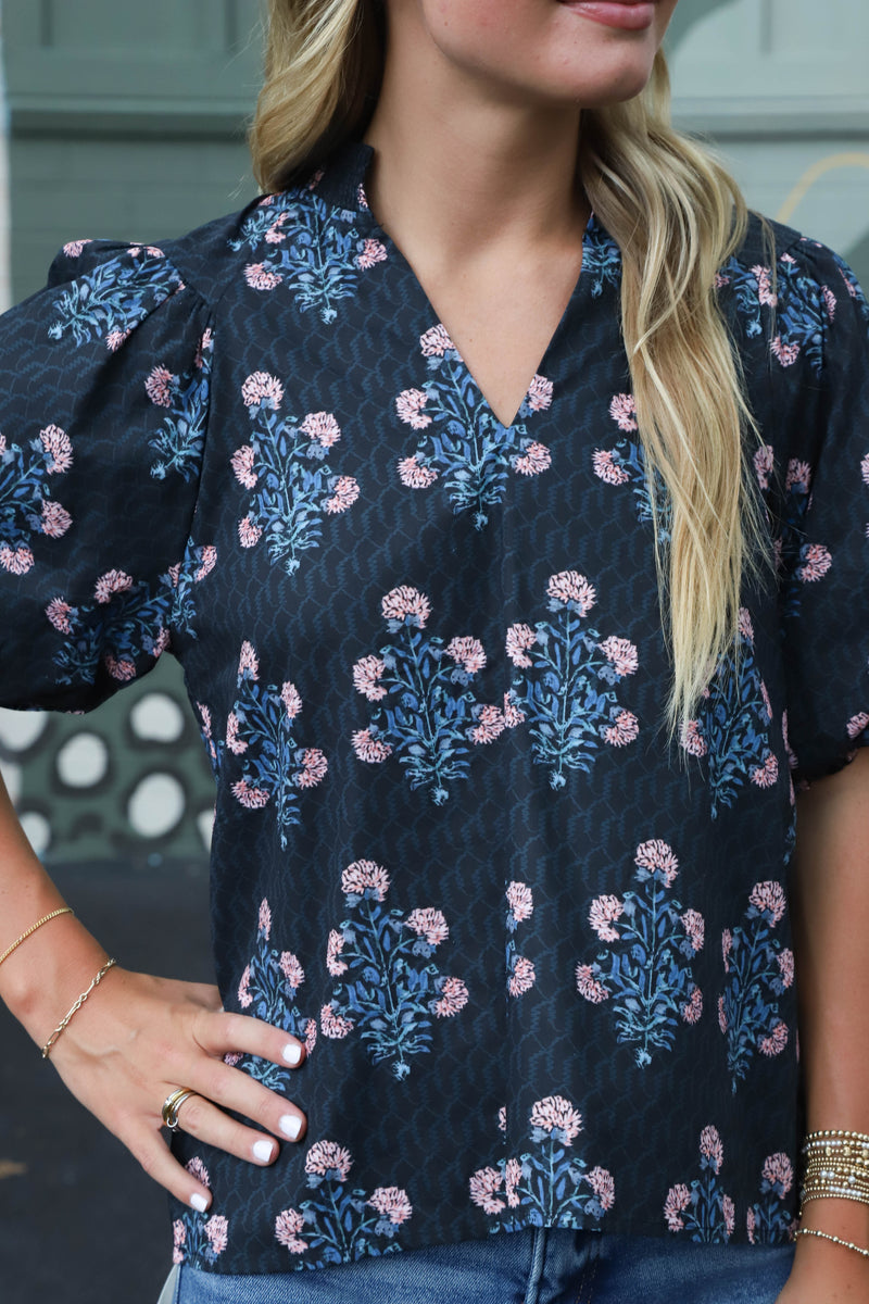 Madison Block Floral Print Top, Black