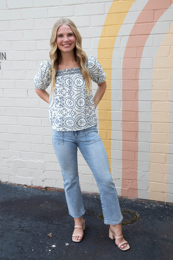 Sierra Smocked Square Neck Top, Off White