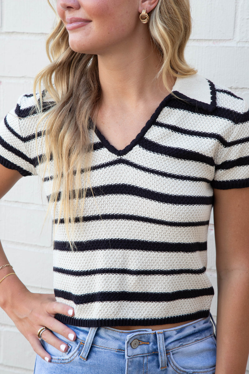 Brayden Collared Striped Sweater, Black Multi | Steve Madden