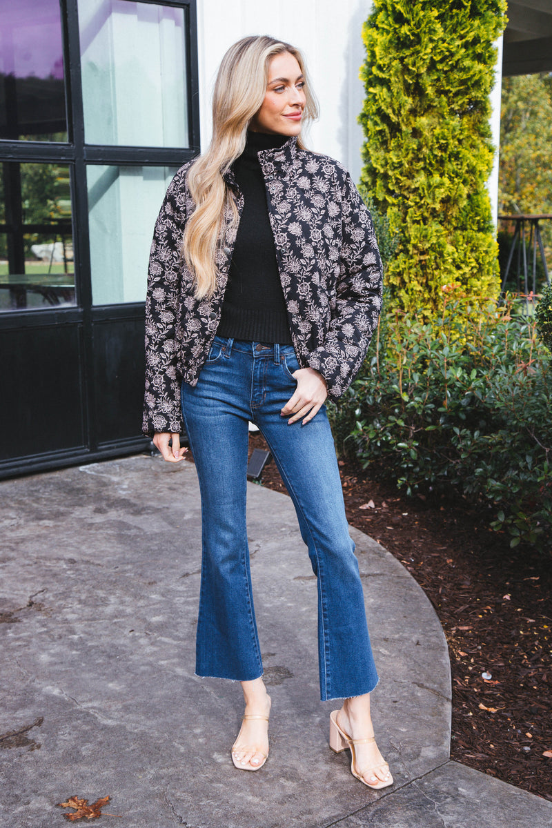 Dahlia Floral Print Woven Puff Jacket, Black-Multi