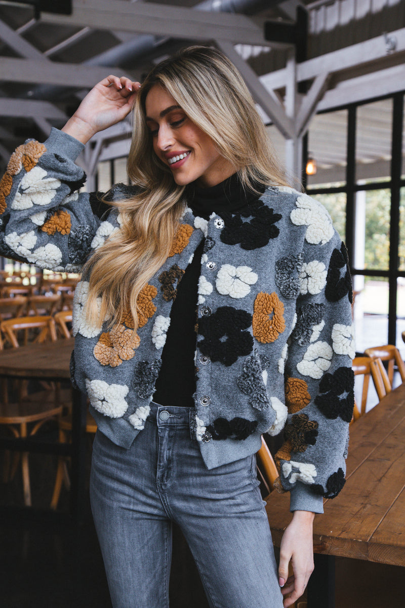 Frozen Flower Sherpa Jacket, Grey