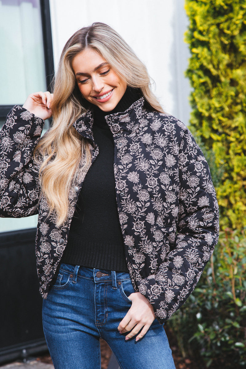 Dahlia Floral Print Woven Puff Jacket, Black-Multi