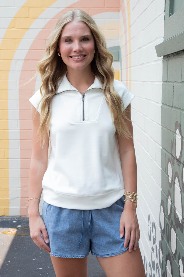 Penny Mock Neck Half Zip Top, White