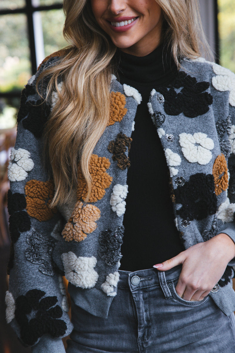 Frozen Flower Sherpa Jacket, Grey