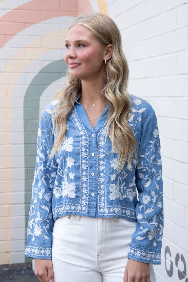 Julia Embroidered Button Down Top, Denim