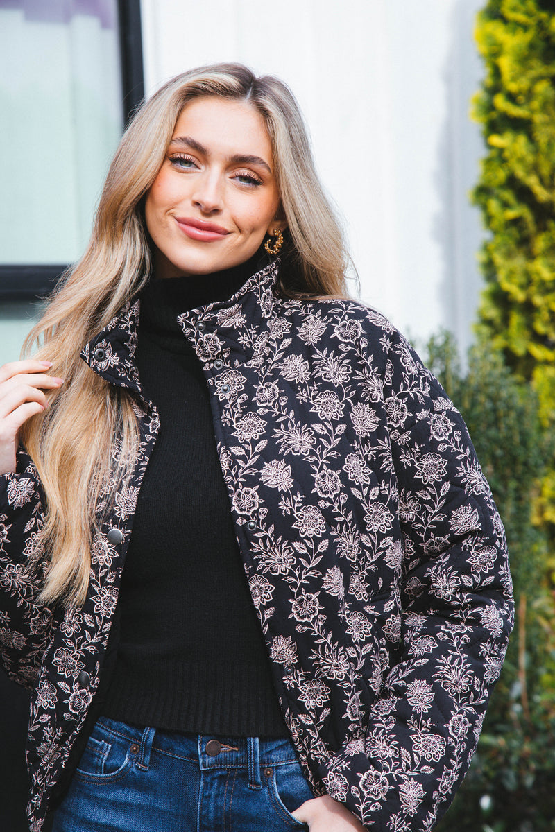 Dahlia Floral Print Woven Puff Jacket, Black-Multi