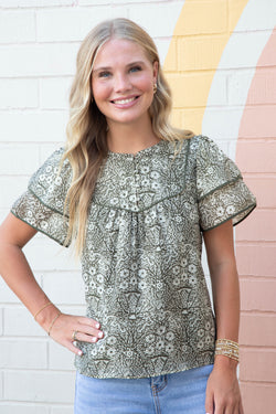 Blair Ruffle Sleeve Printed Top, Olive-Cream
