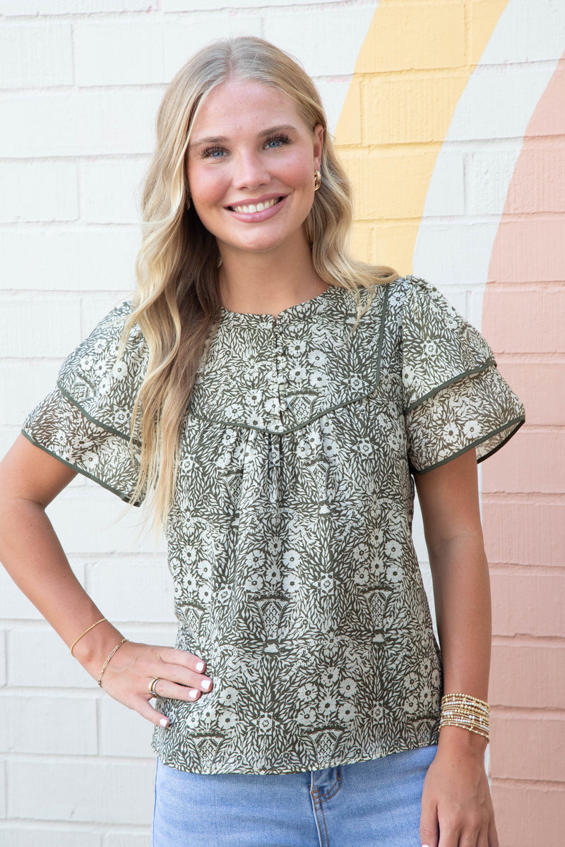 Blair Ruffle Sleeve Printed Top, Olive-Cream