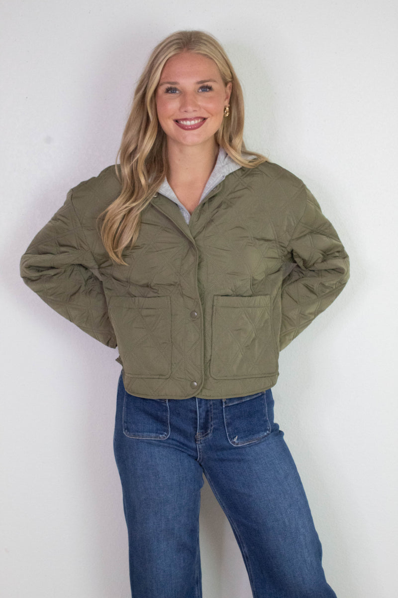 Iris Quilted Contrast Hood Jacket, Olive