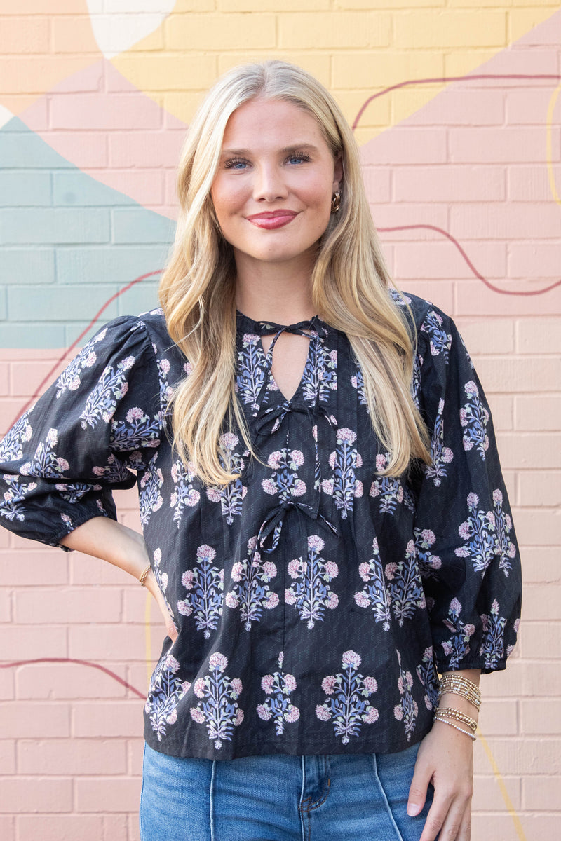 Reese Tie Neck Blouse, Black Mix